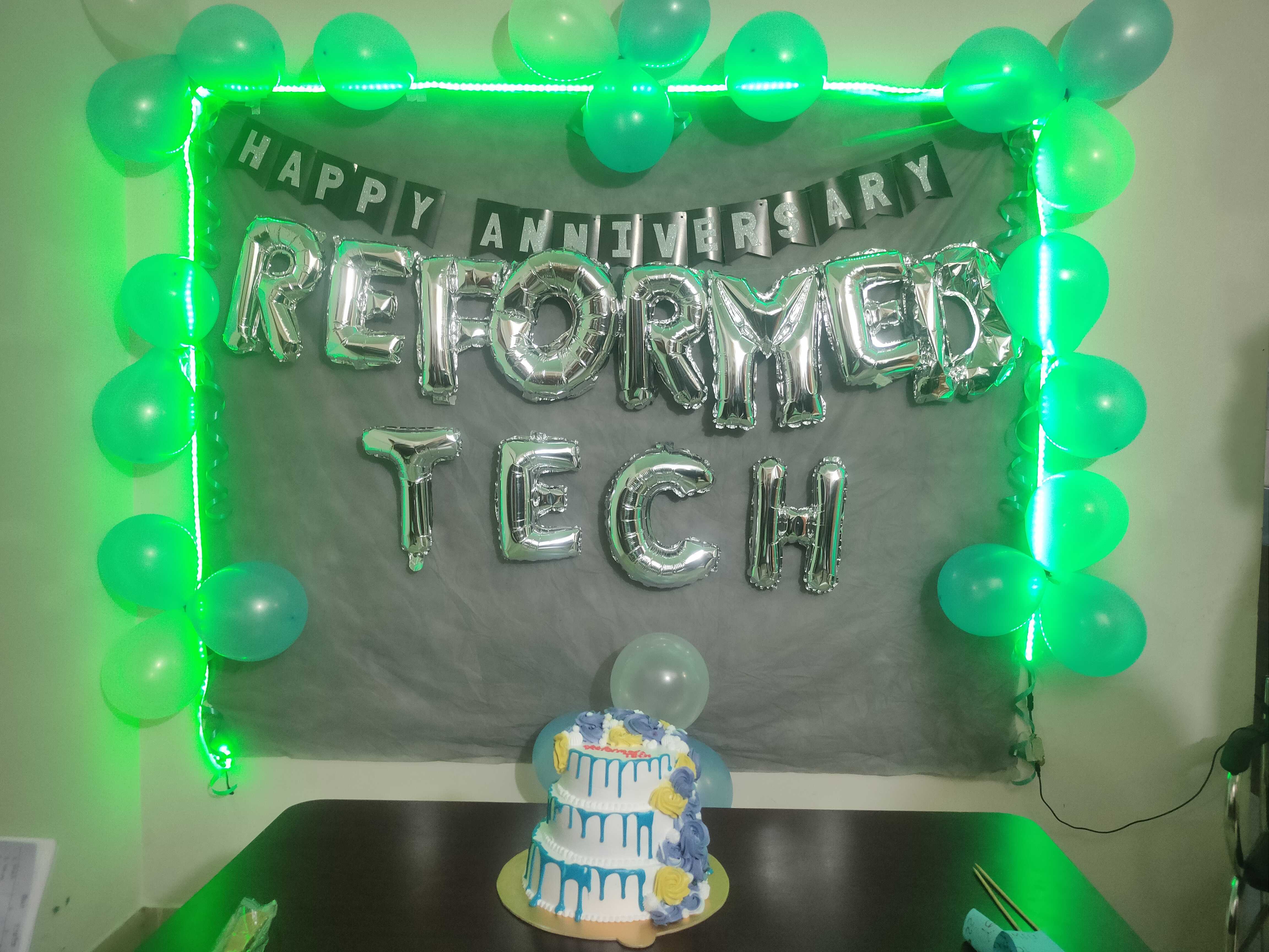 ReformedTech anniversary decoration and balloons